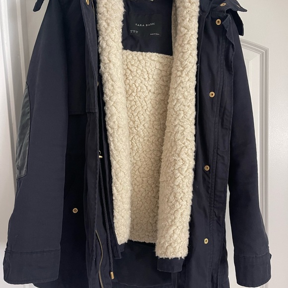 Zara navy drawstring coat with shearling lined removal vest - Picture 2 of 14